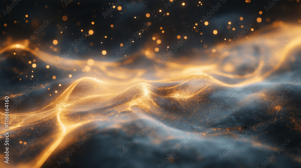 Naklejka premium Glowing abstract waves with shimmering particles in a dark background.