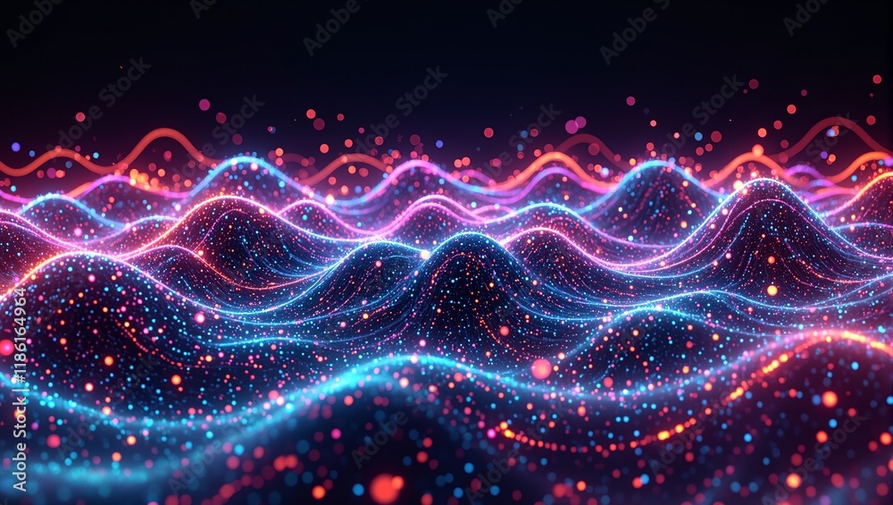 Abstract neon digital waves on dark background with pixelated particles futuristic technology concept Abstract neon digital waves on dark background with pixelated particles futuristic technology concept