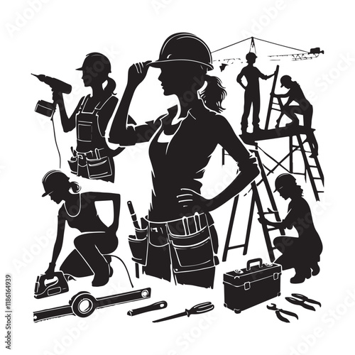 Construction Worker Silhouette Vector Illustration, Solid White Background.