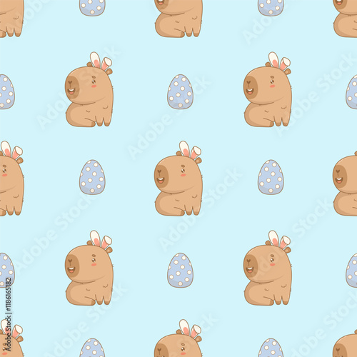 Easter Seamless pattern. Funny smiling capybara in bunny ears on blue background with polka dot paschal eggs. Holiday cartoon kawaii character. Vector illustration. Kids collection