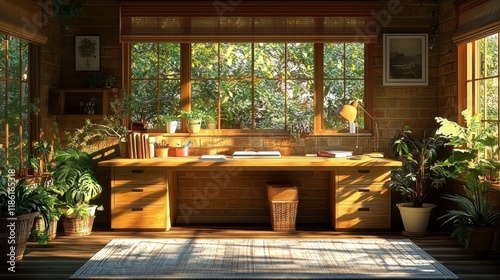 Cozy home office with wooden desk surrounded by plants and natural light in t...