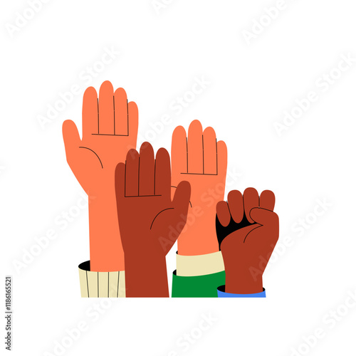 Raised Hands In Flat Vector Illustration Symbolizing Unity, Diversity, Support, And Community, Isolated On White Background photo