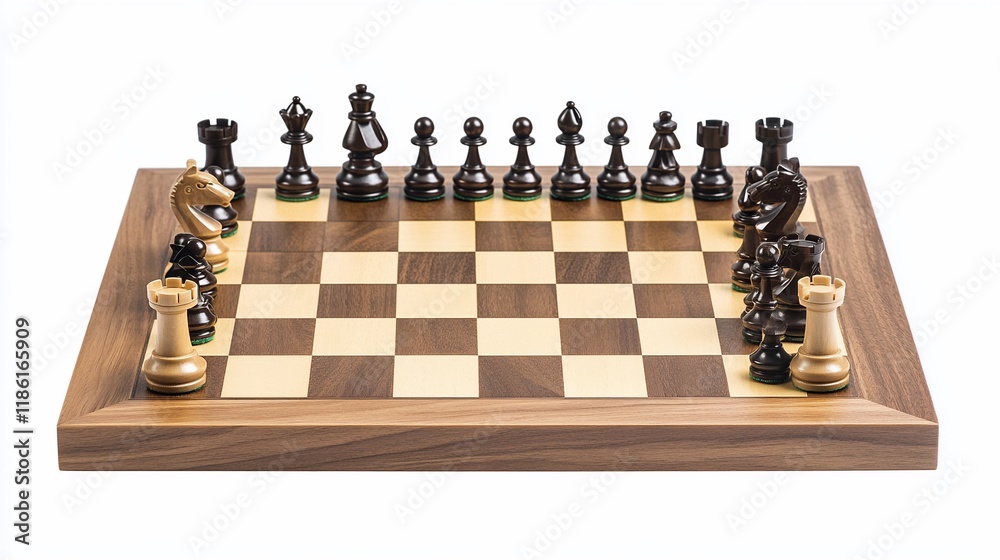 Wooden chessboard with chess pieces set up for a game. (1) Wooden chessboard with chess pieces set up for a game. (1)