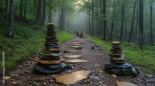 Scenic mountain trail with stone cairn under cloudy sky in early morning light