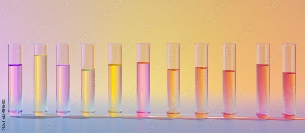 Fototapeta premium Colorful liquid samples in test tubes on gradient background.