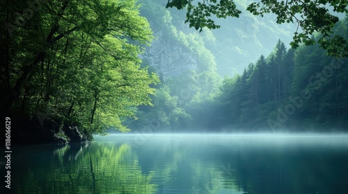 Misty Morning on a Serene Lake Surrounded by Lush Forest