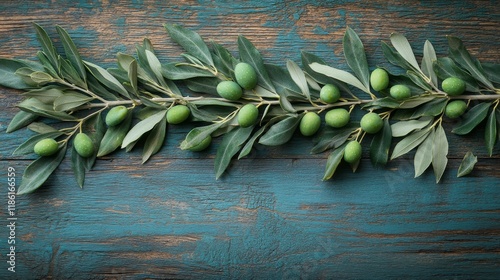 Olive branch resting on rustic wooden board with green olive showcasing natur...