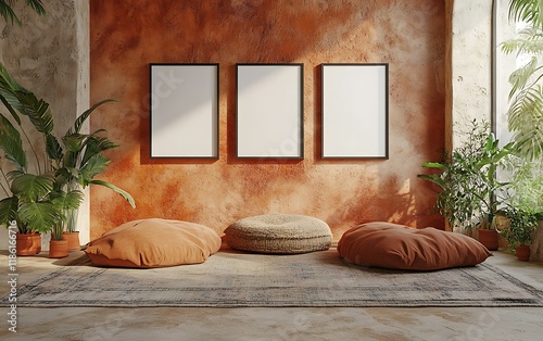 Sunlit room, three frames, floor cushions, plants, textured wall, bohemian interior design, home decor