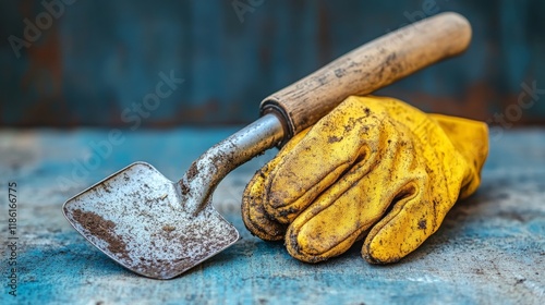 Gardening tools ready for planting on a textured surface with greenery and gl...