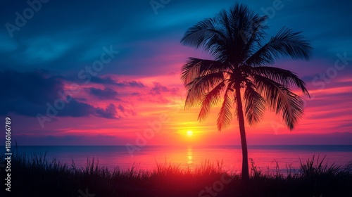 Beautiful sunset with a palm tree silhouette overlooking a coastal city in th...