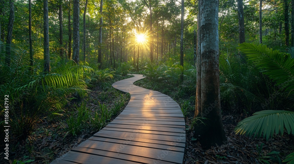 Fototapeta premium A sunrise hike through a smart eco-trail with digital guides highlighting natural wonders