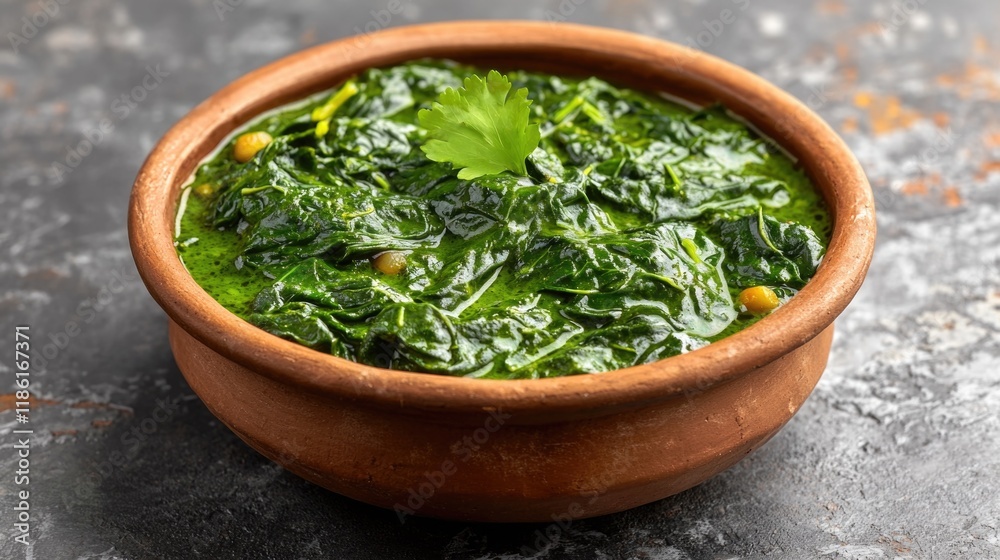 A wooden bowl of fresh organic pesto soup with herbs, served for a healthy meal or as an appetizer. The pesto is made from green plants. A wooden bowl of fresh organic pesto soup with herbs, served for a healthy meal or as an appetizer. The pesto is made from green plants.
