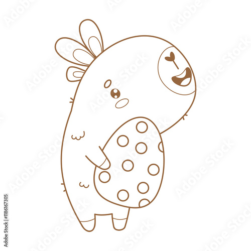 Cute Outline Easter Capybara in bunny ears with paschal egg. Happy cartoon character animal. Line drawing, coloring book. Vector illustration. Kids collection