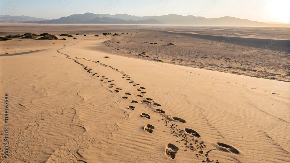 Desert footprints across vast sandy landscape: a top-down view. Desert footprints across vast sandy landscape: a top-down view.