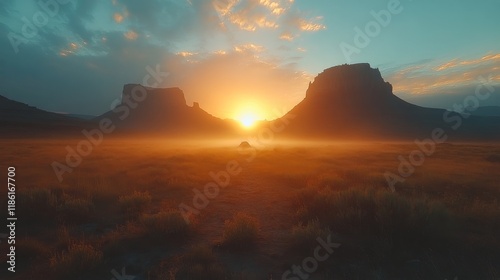 Stunning sunset over misty valley with a camping site and colorful sky at dusk