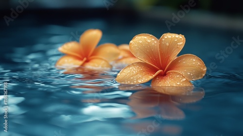 Flowers floating on the surface of a tranquil water pool at sunset in a peace...