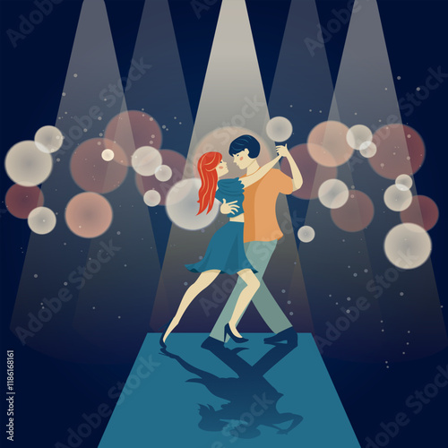 a couple in love dancing in the spotlight and the glare of the bokeh.