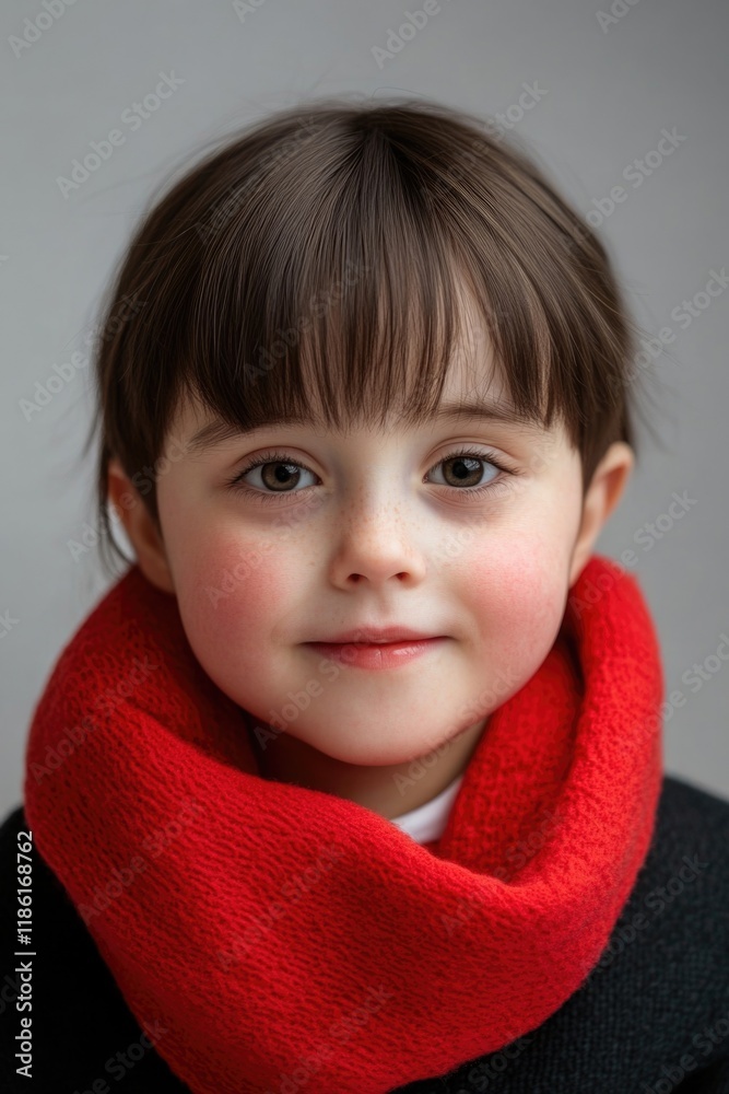 Pretty child wearing a bright red scarf against gray backdrop. Pretty child wearing a bright red scarf against gray backdrop.