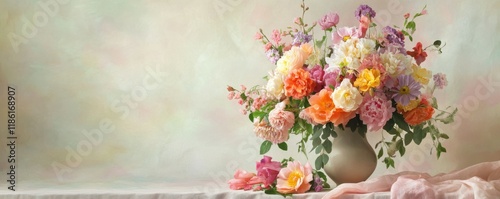 Beautiful floral arrangement, colorful flowers in a soft pastel palette, displayed in an elegant vase against a light, airy backdrop, perfect for spring