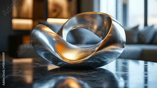 Unique modern sculpture with warm light in elegantly designed interior space