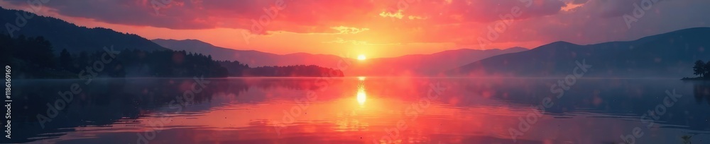 Fototapeta premium Reflection of sunset light on the lake surface, lake, hazy, sunset