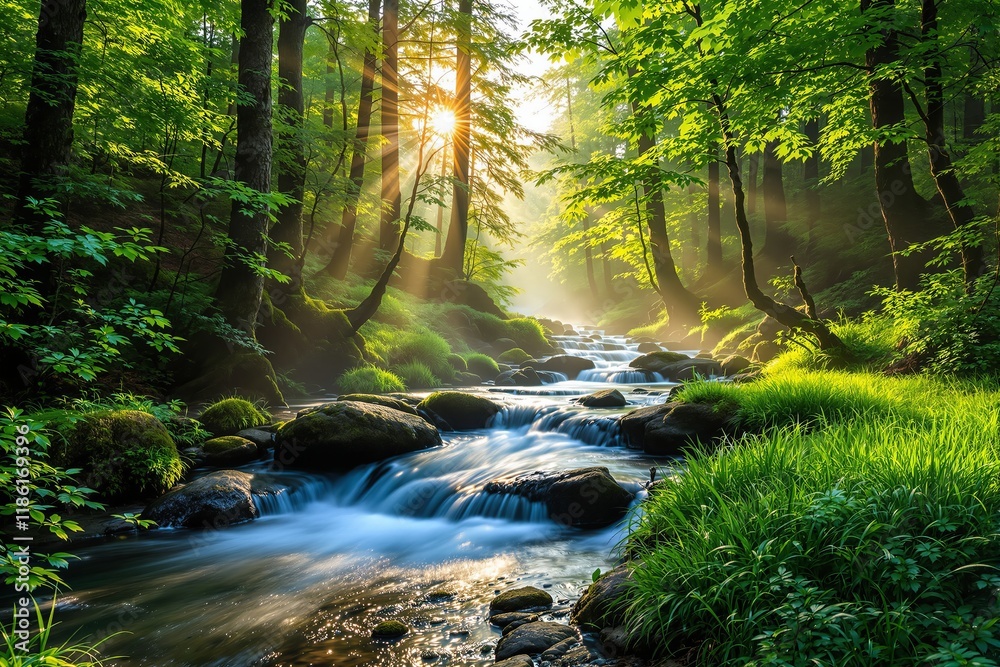 A tranquil forest stream flows over rocks, surrounded by vibrant greenery, with sunlight filtering through trees on a bright nature background. Peaceful scene. Ai generative. A tranquil forest stream flows over rocks, surrounded by vibrant greenery, with sunlight filtering through trees on a bright nature background. Peaceful scene. Ai generative.