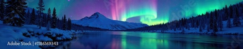 River flows under shimmering northern lights in the darkness, , natural wonder