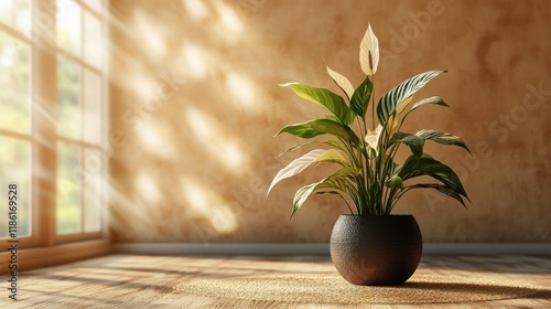 Indoor plant in a minimalist space with natural light and soft shadows creati...
