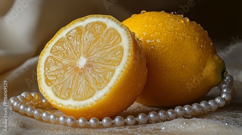 Fresh lemon halves with droplets resting on a soft fabric background alongsid...
