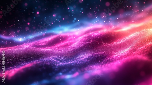Abstract Vibrant Waves of Pink and Blue Light with Glittering Particles and Ethereal Glow

