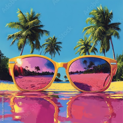 Sunglasses reflecting a beach scene in bright pop art colors.