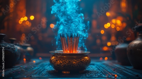 Incense burning in ornate bowl with smoke rising in a tranquil temple setting...
