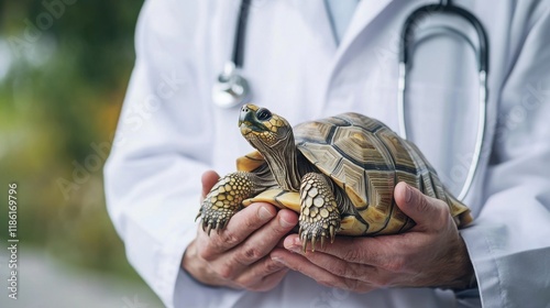 A veterinarian gently cradles a tortoise during a checkup. The tortoise's shell is beautifully patterned, and the vet's caring touch is evident.
