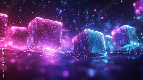 Glowing Neon Cubes Floating in a Futuristic Digital Space, Perfect for Technology, Gaming, and Blockchain Visual Concepts

