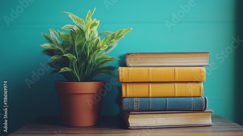 Colorful stacked books with a small plant on top against a teal background
