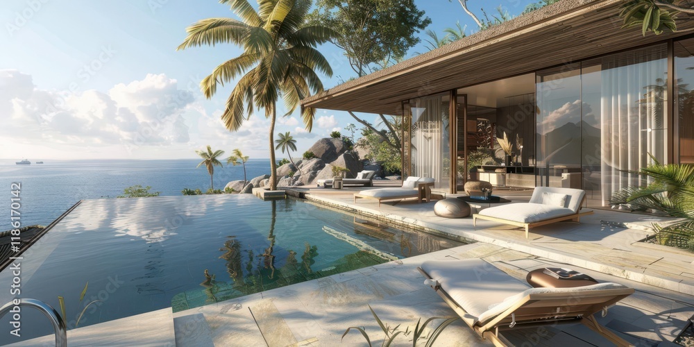 Fototapeta premium A luxurious villa with a pool overlooking the ocean, surrounded by palm trees and rocky landscapes.
