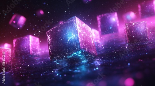 Glowing Neon Cubes Floating in a Futuristic Digital Space, Perfect for Technology, Gaming, and Blockchain Visual Concepts

