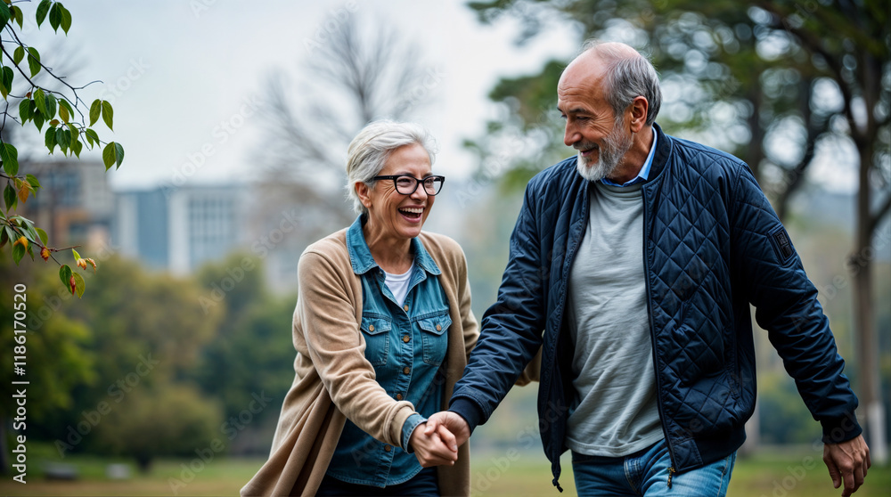 Fototapeta premium Happy senior couple strolling hand-in-hand through a park, enjoying a beautiful autumn day.