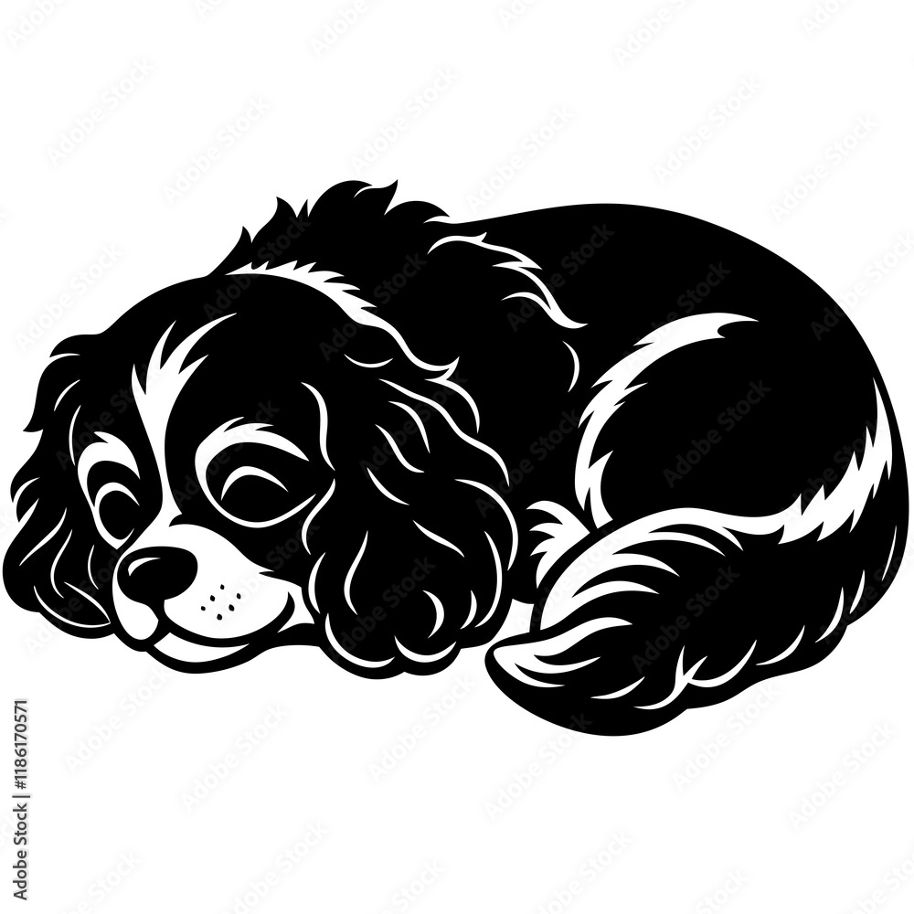 Fototapeta premium cavalier king charles spaniel dog black silhouette vector, dog sleeping vector, Simple silhouette Design vector icon with white background.