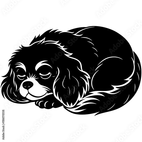 cavalier king charles spaniel dog black silhouette vector, dog sleeping vector, Simple silhouette Design vector icon with white background.