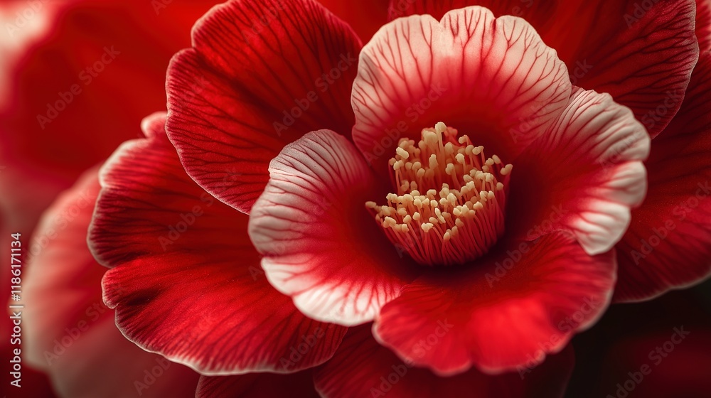 Fototapeta premium Red camellia flower with intricate petal veins closeup image. Flowering plant. Floral close up photography. Beautiful nature. Natural texture. Botanical harmony concept photo realistic