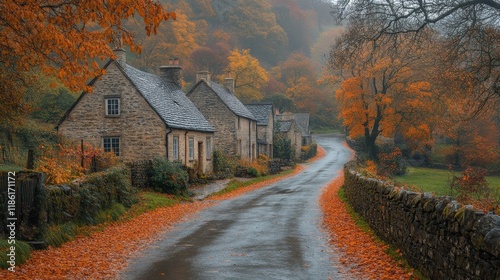 Charming cottages line a winding road through a misty autumn landscape in a q...