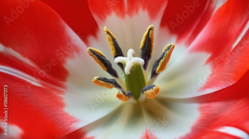 Bright tulip with vivid red white petals closeup image. Green pistil flower, prominent dark stamens dusted with pollen. Floral close up photography. Botanical concept photo realistic