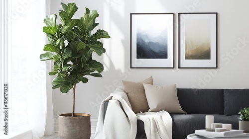 Serene Living Room with Fiddle Leaf Fig and Abstract Art