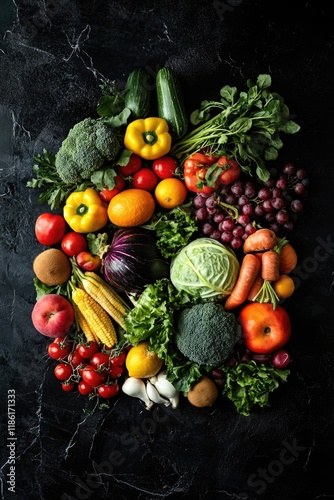 Fototapeta Naklejka Na Ścianę i Meble -  A close-up photo of a vibrant assortment of fruits and vegetables arranged neatly in a basket, symbolizing healthy eating.