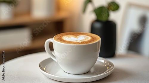 Warm coffee cup with heart-shaped latte art on a smooth table surface in a mi...