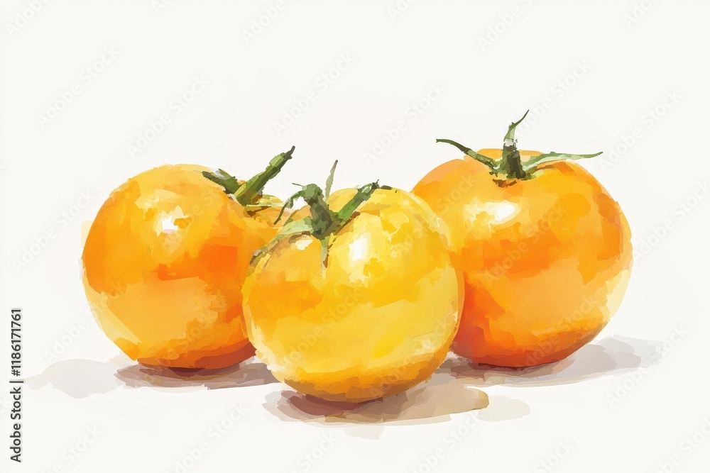 Three yellow tomatoes white background realistic detailed fresh produce vibrant colors Three yellow tomatoes white background realistic detailed fresh produce vibrant colors