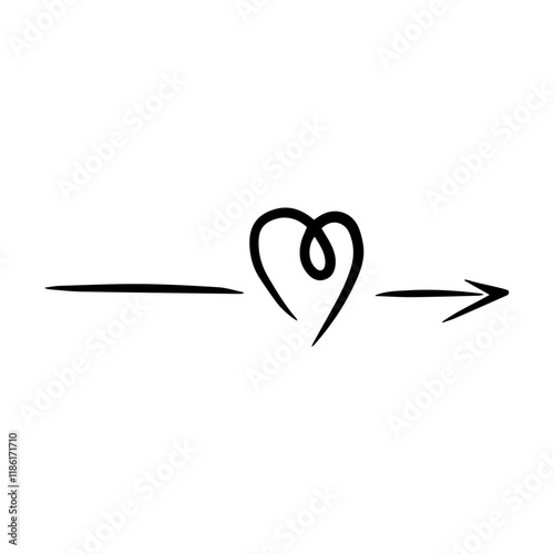Horizontal doodle arrow with a heart. An item for Valentine's Day