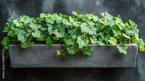 Green ivy plant cascading down a modern planter against a textured gray wall