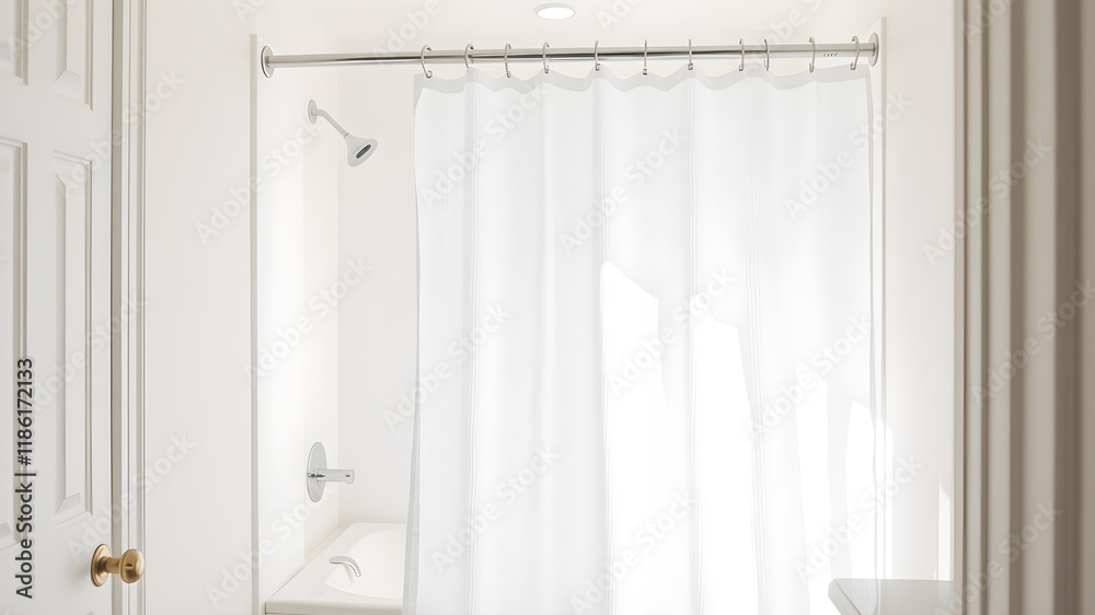 Fototapeta premium White bathroom with shower curtain hanging before bath natural tones.&nbsp;Generative AI